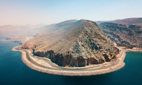 Scenic coastal highway and fjords of Musandam in Oman aerial view